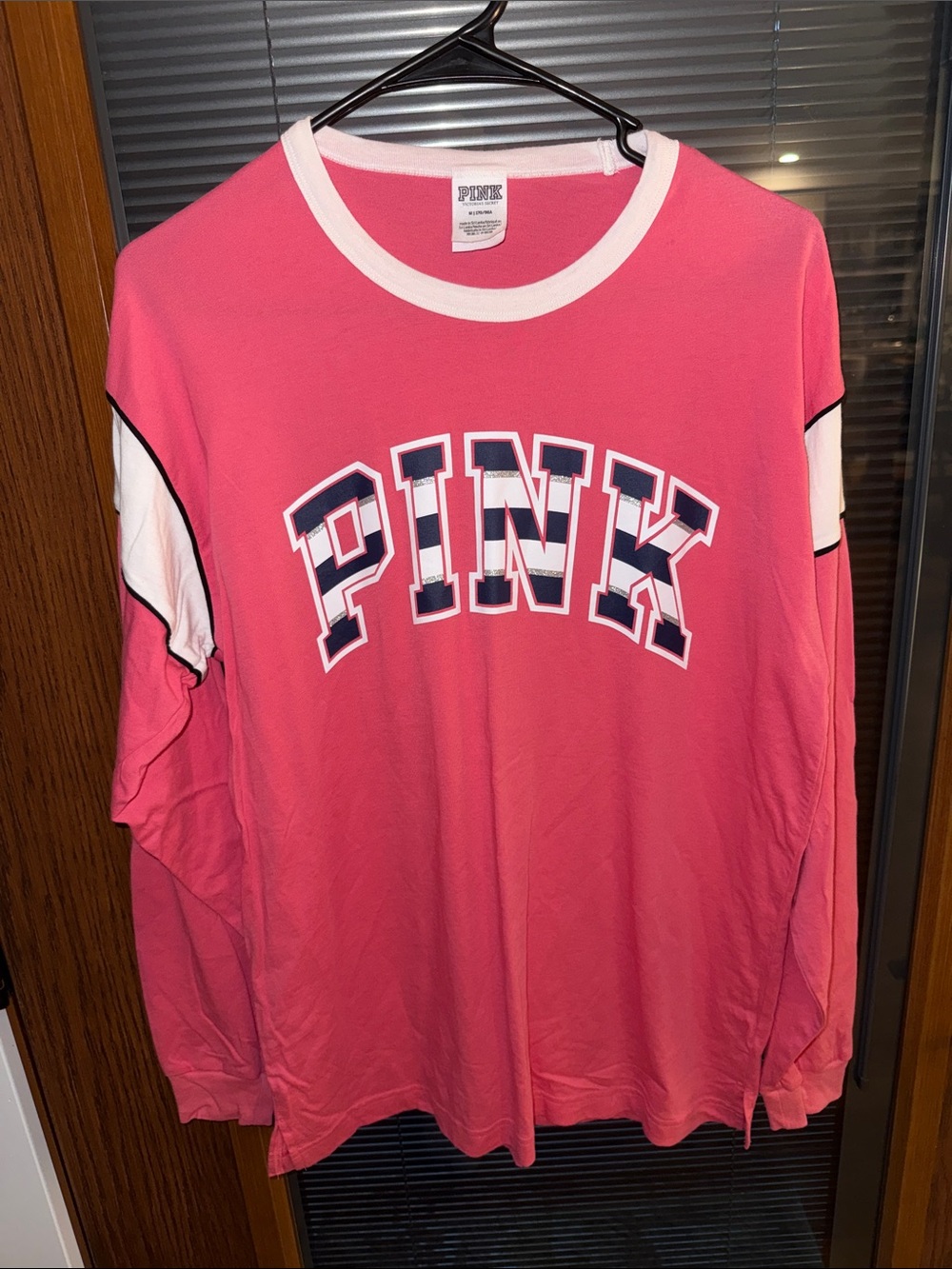 PINK Victoria's Secret Hot Pink Long-Sleeve Ringer Tee with White Accents